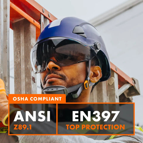 Worksite Ready Lightweight Hard Hat With ANSI Z89.1 Type 1 Class E Safety OSHA Compliant Red ABS Helmet, worn by worker on ladder