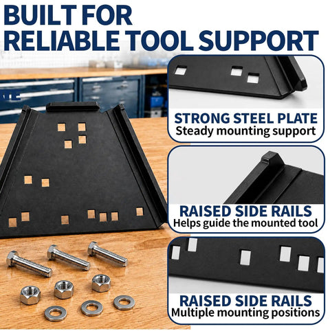 Quick Release Bench Plate Kit For Lee Precision Reloading Press strong steel plate with raised side rails and hardware for mounting.