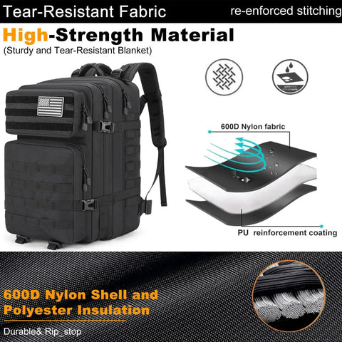 Rugged 45L Tactical Backpack Water Resistant MOLLE EDC Pack, tear-resistant, 600D nylon shell, black, 3-day bug out bag