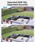 Comparison between 5MP security camera image and 1080p resolution, showing clarity difference in outdoor garden view.