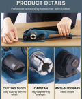 Heavy Duty Pet Strapping Kit With 1000 Foot Rolls And Tough Hand Tensioner showing user operating polyester tensioner and cutter.