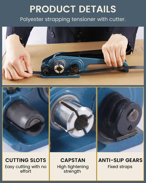 Heavy Duty Pet Strapping Kit With 1000 Foot Rolls And Tough Hand Tensioner showing user operating polyester tensioner and cutter.