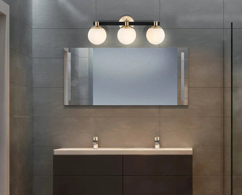 24 Inch Brass Gold And Black Dope Modern Globe LED Vanity Wall Sconce Light With White Frosted Glass Shade For Bathroom