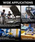 Industrial collage showing automotive repair with hood open, refrigeration gauges, hydraulic gauges, and a pneumatic clamping setup.