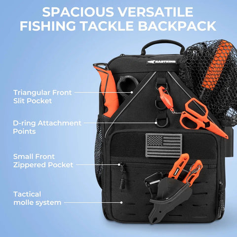Front view of KarryAll Fishing Tackle Backpack with Rod Holder and 4 Tackle Boxes, showing pockets and attachments, black color.