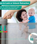 Retractable Baby Gate For Stairs Extra Wide Kid Safe Gate Extends To 72 Inches Wide And 34 Inches Tall Mesh shown in use