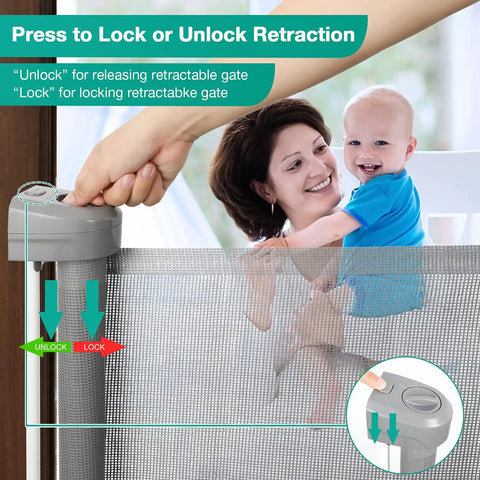 Retractable Baby Gate For Stairs Extra Wide Kid Safe Gate Extends To 72 Inches Wide And 34 Inches Tall Mesh shown in use