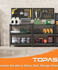 Garage with Heavy Duty Steel Workbench With Pegboard On Wheels For Garage And Workshop, tools and supplies organized.