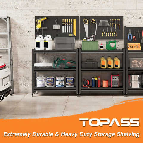 Garage with Heavy Duty Steel Workbench With Pegboard On Wheels For Garage And Workshop, tools and supplies organized.