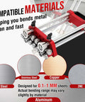 Compatible materials for Sheet Metal Edge Roller Bender for 0-100 Degree Bends, showing steel, stainless steel, copper, zinc, and aluminum.