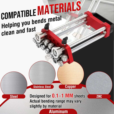 Compatible materials for Sheet Metal Edge Roller Bender for 0-100 Degree Bends, showing steel, stainless steel, copper, zinc, and aluminum.