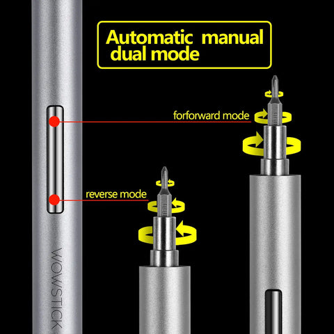 Close-up of Tiny But Mighty Mini Electric Screwdriver Kit 69 In 1 showing automatic and manual dual mode settings.