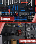 Garage and computer room with Beefy Heavy Duty Steel Pegboard Panels Set Of 8 With 50 Hooks Each 16 By 12 Inch Wall Organizer