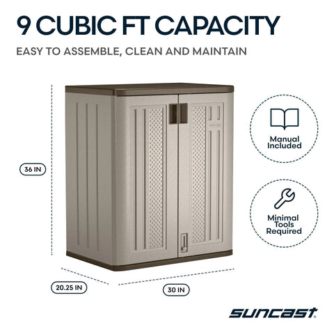 36-Inch Resin Base Garage Storage Cabinet In Platinum, Garage-Ready Build With Double Wall Construction shown with dimensions