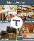 12 Pack Heavy Duty T Brackets For Wood With Premium Powder Coated Flat Post And Beam Tie Plates 6.5 By 5.7 Inches 0.15 Inch Thick Rust Resistant Mending Plates For Pergola Truss Timber Framing Matte Black shown in multiple uses like truss structure and fencing connection.