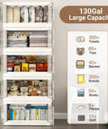 Heavy Duty Stackable Storage Bins With Lids And Wheels 4 Pack Collapsible Badass Plastic Box Rock Hard Latch Jumbo 110lb Load Rating For Garage Home Office Closets Epic White filled with towels, toys, and books.