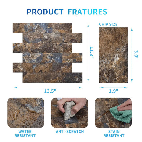 10 Sheet Peel And Stick Backsplash Tiles Set For Kitchen And Bathroom Decor Rust Slate PVC Wall Panels Easy Diy Peel And Stick Waterproof Heat And Stain Resistant No Mess Renovation High Impact Rustic Look showing tile dimensions and features with water and stain resistance.