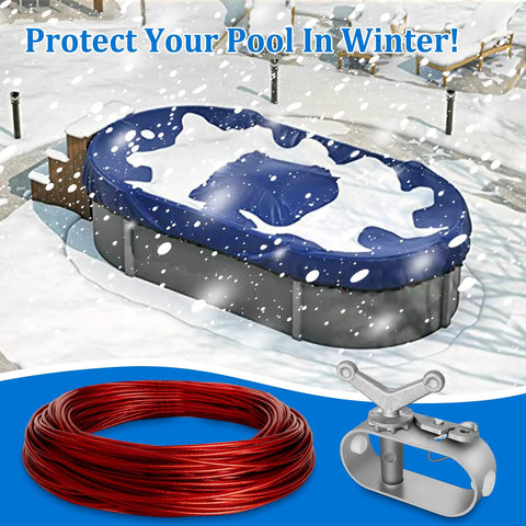 Heavy Duty 100 Foot Pool Cover Cable And Aluminum Winch Kit with plastic coated steel wire in winter setup with snow