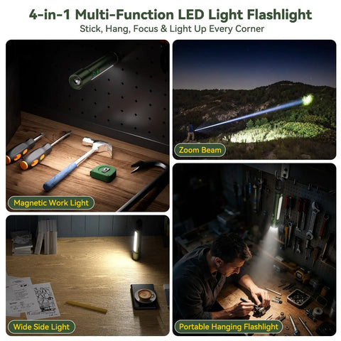 Ultra Bright Rechargeable Beast Mode LED Flashlight With Zoom Beam And Side Light Hanging Clip All In One Multi Function Light For Camping Emergency Hiking Dog Walking And Home Use Waterproof in various use scenarios.