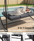 Person relaxing on All Weather Porch Swing With Canopy And Stand For Outdoor Relaxing 3 Person Patio Swing Bed With Cushions For Yard And Deck Go To Backyard Swing For Adults Grey by a pool