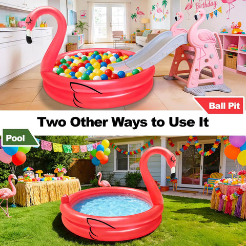 Flamingo Inflatable Cooler For Pool Parties And Beach Luau Decor Holds Over 130 Cans 19 Gallons With Bottom Quick Drain Easy To Inflate Tropical Summer Drink Cooler For Parties And Backyard Fun, shown as ball pit and pool.