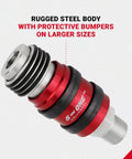 Heavy Duty Five In One Universal Safety Exhaust Quick Connect Industrial Coupler featuring a rugged steel body with rubber bumpers.
