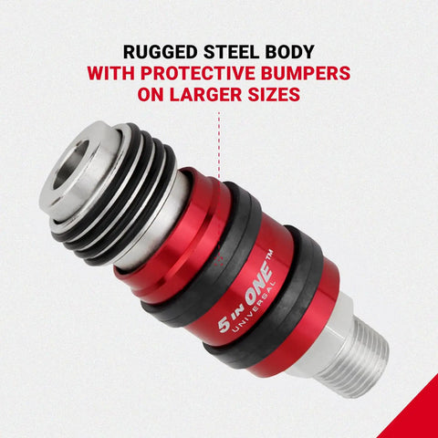 Heavy Duty Five In One Universal Safety Exhaust Quick Connect Industrial Coupler featuring a rugged steel body with rubber bumpers.