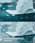 Comparison of icy landscape with and without Circular Polarizer Filter 82mm, showing enhanced contrast and saturation in the upper image.