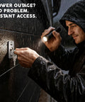 Person using Emergency Garage Door Release Lock Kit with Universal Keyed Disconnect during power outage, installing cable.
