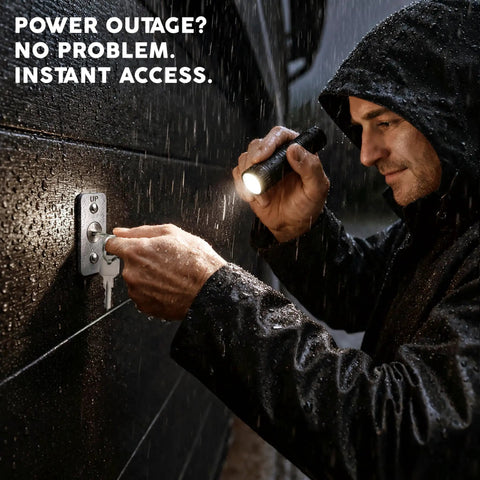 Person using Emergency Garage Door Release Lock Kit with Universal Keyed Disconnect during power outage, installing cable.