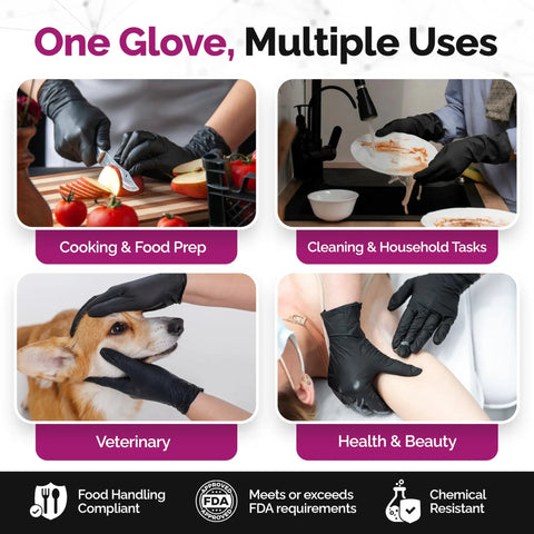 Top Shelf Black Nitrile Gloves 1000 Count Bulk 4 Mil Thick Chemical Resistant Disposable Gloves With Crisp Tactile Feel For All Day Comfort And Serious Work Protection used in cooking, cleaning, veterinary, and beauty tasks.