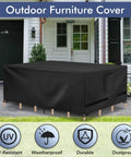 Beefy Heavy Duty Waterproof Patio Furniture Cover For Outdoor Sectional Sets, Rectangle 90 Inch Long By 64 Inch Wide By 28 Inch High, All Weather Protection, Black Outdoor Shield placed on patio set, UV resistant feature displayed.