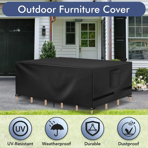 Beefy Heavy Duty Waterproof Patio Furniture Cover For Outdoor Sectional Sets, Rectangle 90 Inch Long By 64 Inch Wide By 28 Inch High, All Weather Protection, Black Outdoor Shield placed on patio set, UV resistant feature displayed.