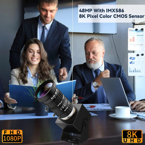 Top Tier 48MP USB Webcam Pumping Out Straight Fire 8K Ultra HD Video With 5 To 50MM 10X Manual Zoom Lens on a conference table.