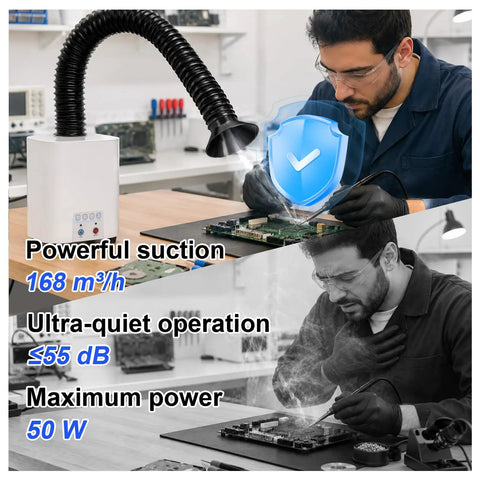 Heavy Duty Solder Fume Extractor Pulling Hella Clean Air With 128 To 168 Cubic Meters Per Hour Flow and Triple Stage Filtration in use.