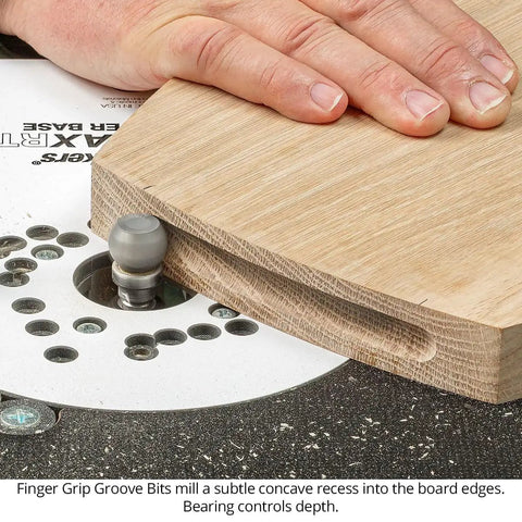 Person using Finger Grip Groove Router Bit For One Inch Boards With One Quarter Inch Shank Template Pattern Bearing