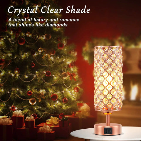Rose Gold Crystal Table Lamp With 3 Way Dimmable Touch Control And USB C And USB A Ports in festive setting