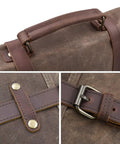 Close-up of Top Tier Mens Messenger Bag Built Tough From Crazy Horse Leather And Hella Waterproof Waxed Canvas hardware details.