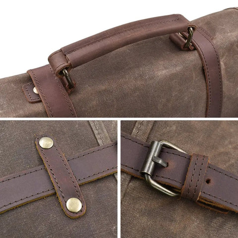 Close-up of Top Tier Mens Messenger Bag Built Tough From Crazy Horse Leather And Hella Waterproof Waxed Canvas hardware details.