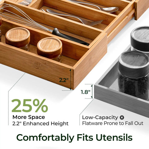 Carbonized Bamboo Expandable Kitchen Drawer Organizer, 13 To 19.6 Inches Wide, 10 Slot Silverware Tray With Removable Dividers