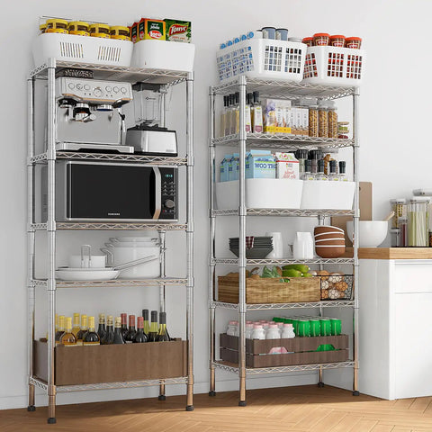 Heavy Duty 4 Tier Metal Wire Shelving Unit For Garage And Home Storage with kitchen items organized on shelves