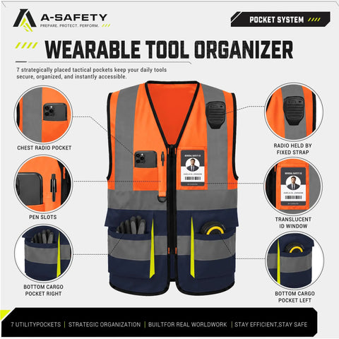 Straight Up Built Tough Orange And Navy Blue Safety Vest Lightweight Polyester Workwear Reflective Construction Gear Machine Washable Crew Protection Essentials