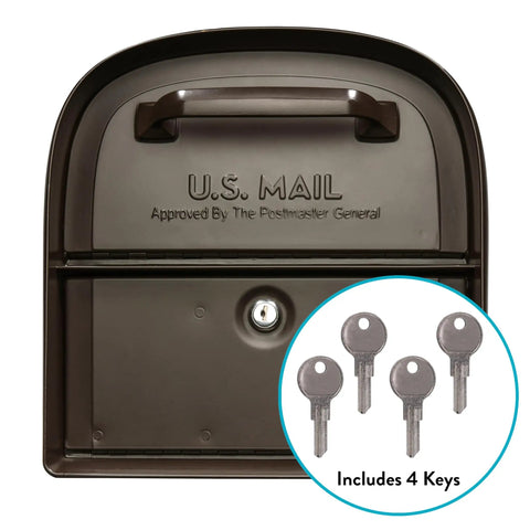Oasis 360 Locking Parcel Mailbox front view with lock and 4 keys, X Large Rubbed Bronze Finish, Heavy Duty Galvanized Steel Outdoor Post Mounted.