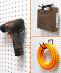 10-Pack Heavy Duty Pegboard Hooks For Power Tools And Garage Organization For DIYers Vinyl-Coated Steel Drill Holders And Utility Hangers 20 Lb Per Hook Fits Standard One Quarter Inch Pegboards Black, holding drill and tools on pegboard.
