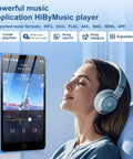 Woman enjoying music with Jam Packed 80GB MP3 Player With Bluetooth And WiFi, 4.0 Inch Screen displaying music app