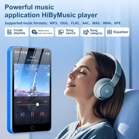 Woman enjoying music with Jam Packed 80GB MP3 Player With Bluetooth And WiFi, 4.0 Inch Screen displaying music app