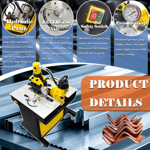 INTBUYING 3 In 1 Electric Hydraulic Busbar Processor Cutter Bender Hole Puncher Tool 20 Ton Force showcases hydraulic pump features.