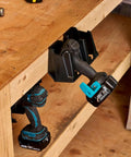 Universal Drill Holder And Power Tool Organizer Wall Mount Rack For Cordless Drills And Drivers Two Way Fixation installed in workshop