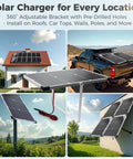 Collage of 30W 12V Solar Panel Kit With MPPT Controller installed on house, truck, and pole with adjustable mount.