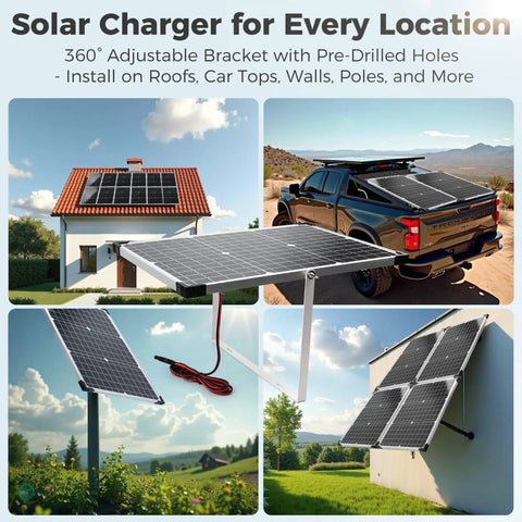 Collage of 30W 12V Solar Panel Kit With MPPT Controller installed on house, truck, and pole with adjustable mount.